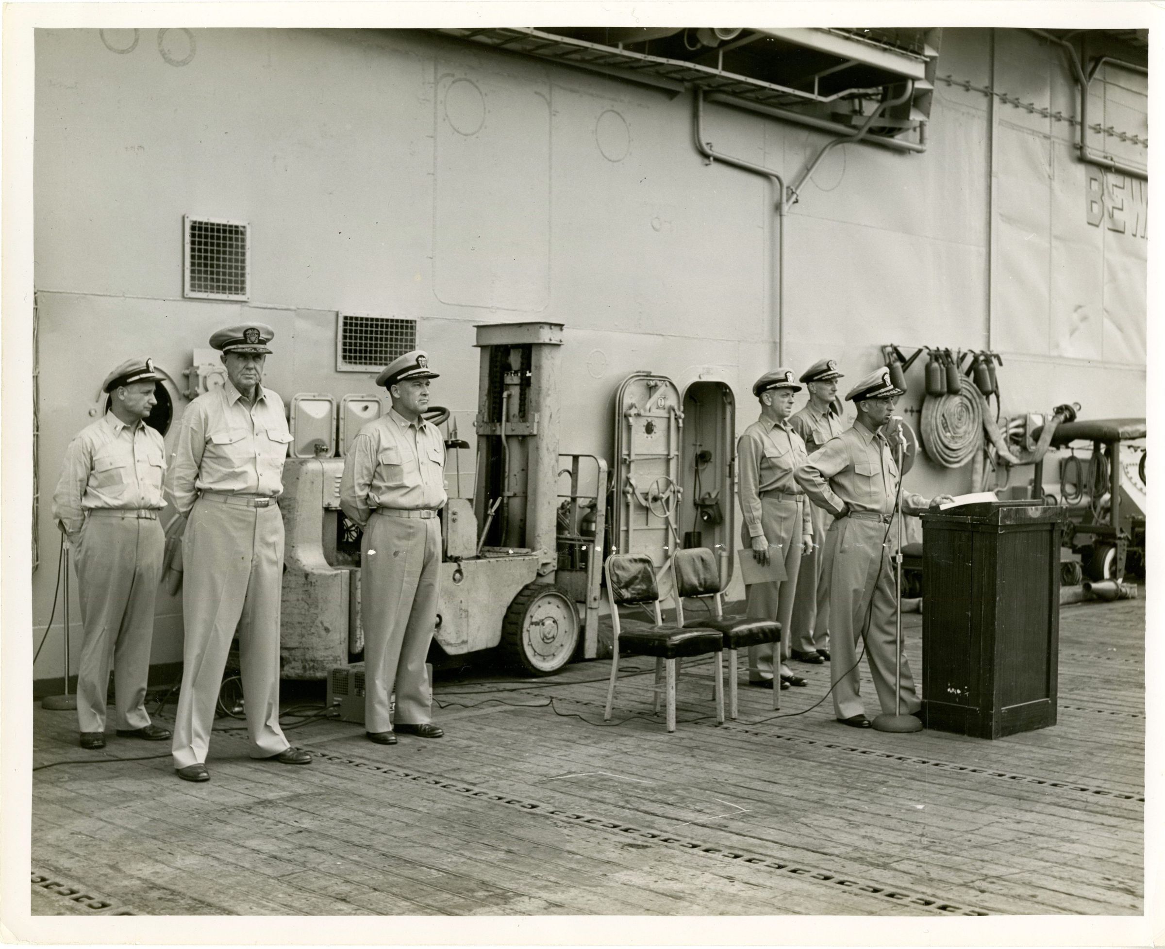 Primary Image of Captain McKechnie Addressing the Crew of the USS Yorktown (CVA-10)