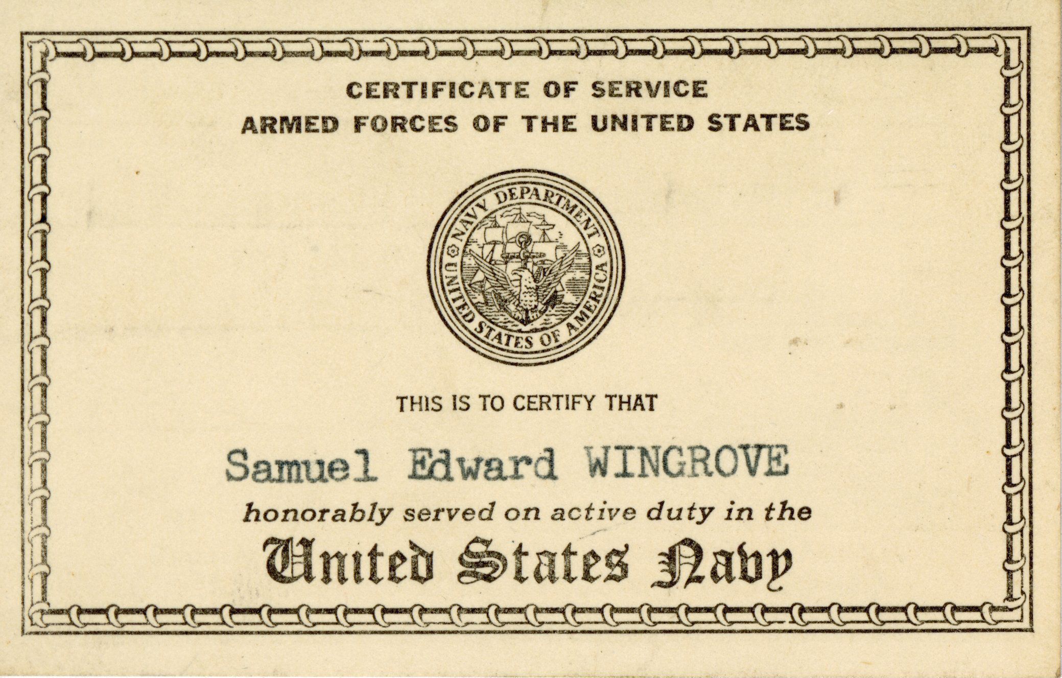 Primary Image of 1946-1952 Certificate of Service for Samuel Wingrove