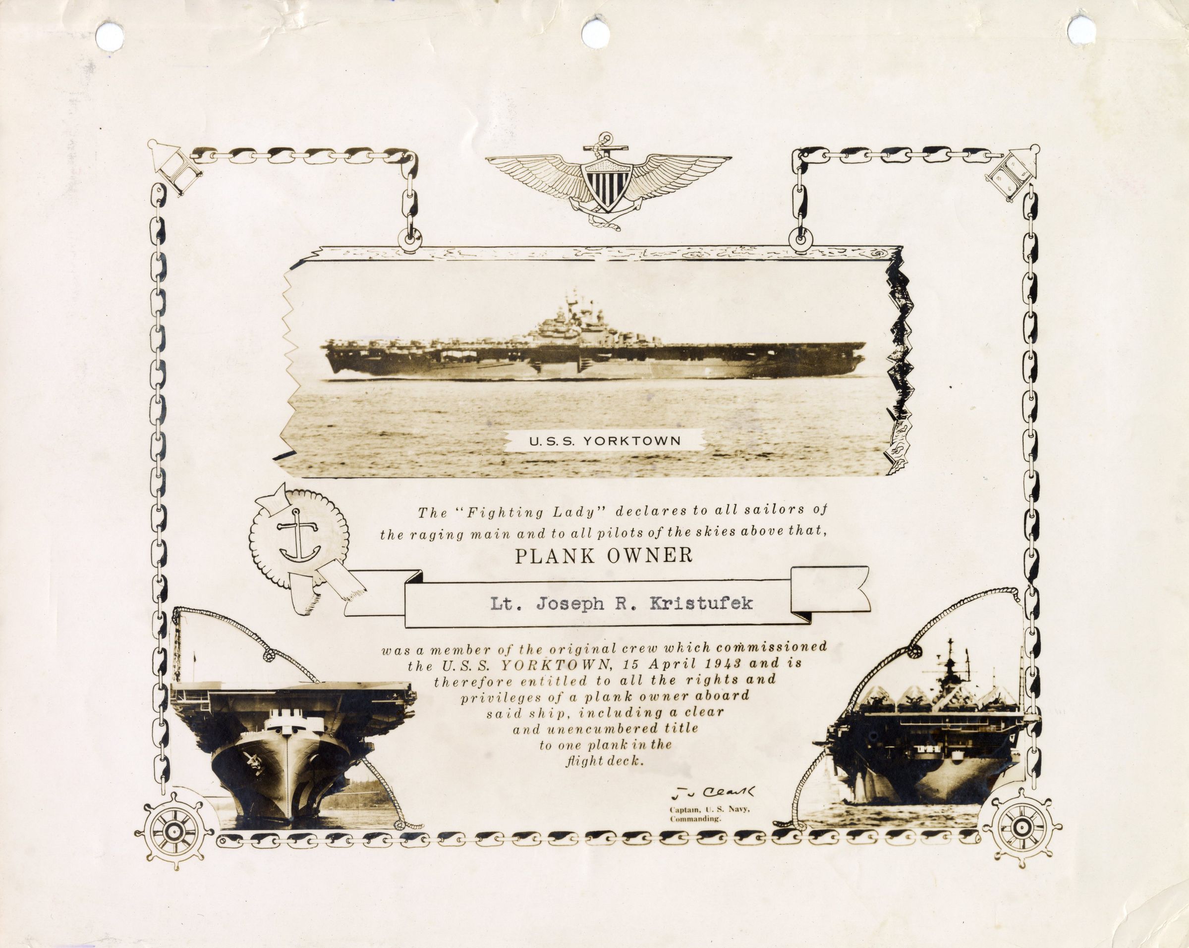 Primary Image of Joseph Kristufek's Plank Owner Certificate for the USS Yorktown (CV-10)