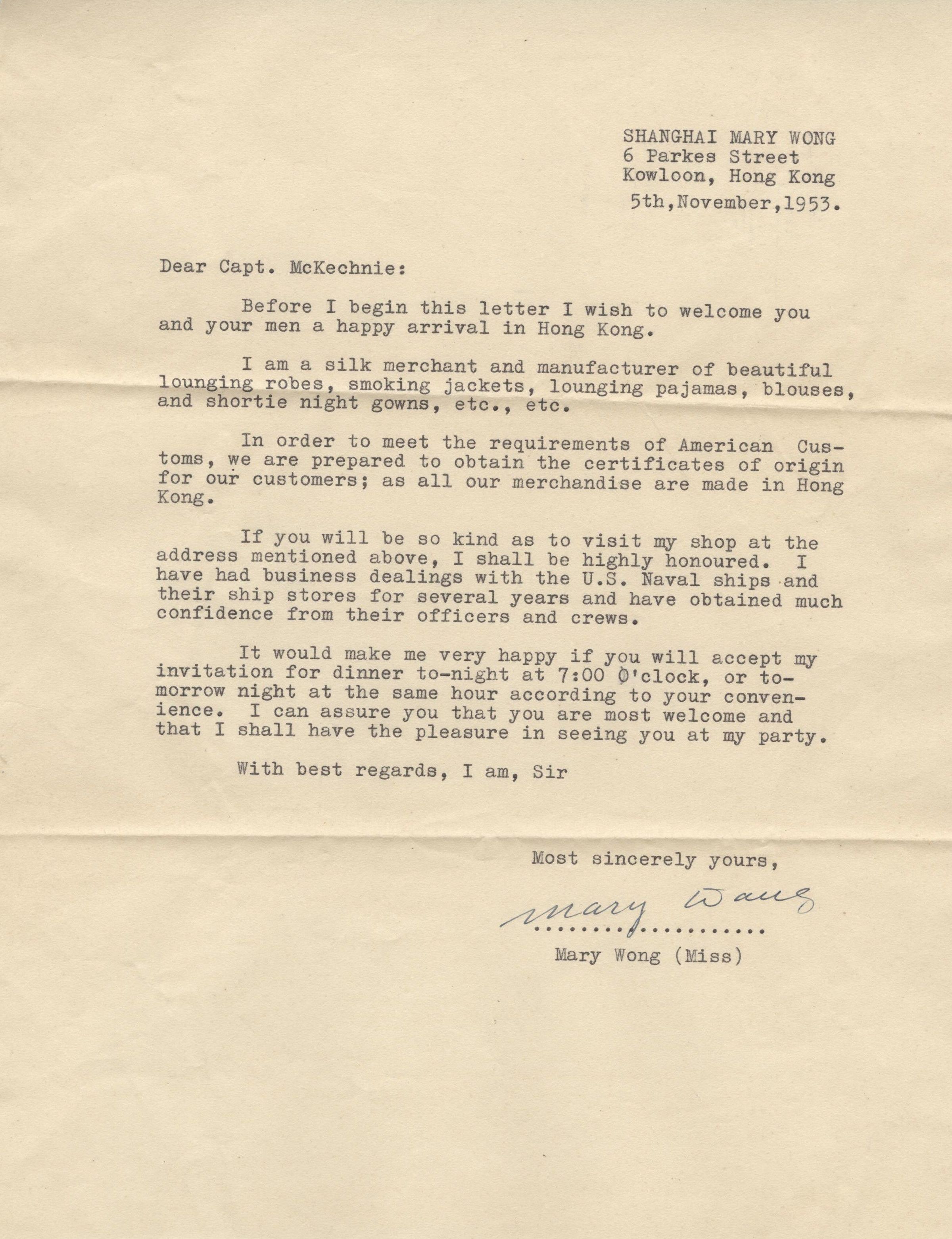 Primary Image of Letter From Mary Wong to Captain Arnold W. McKechnie Dated November 5, 1953