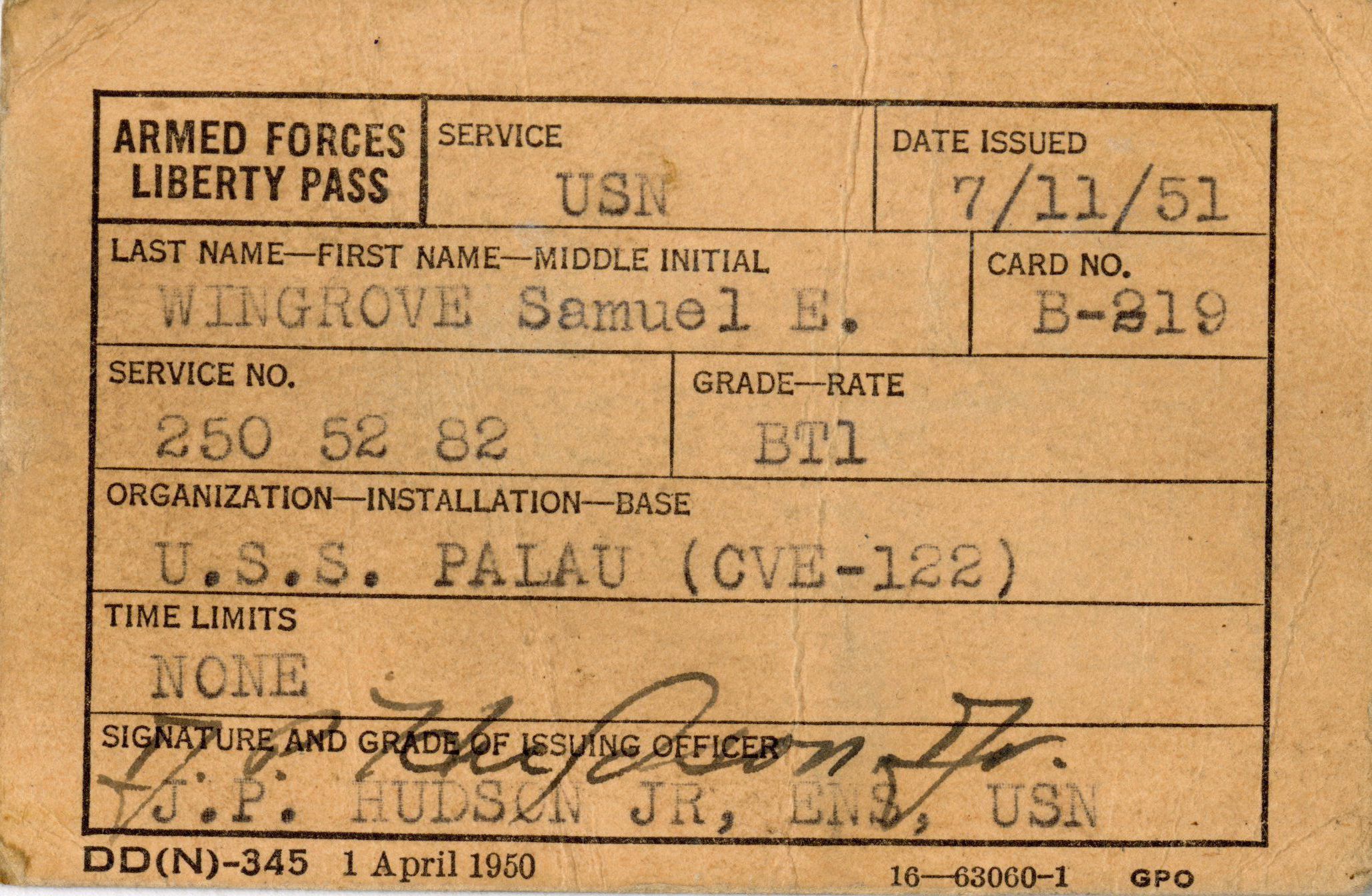 Primary Image of 1951 Liberty Pass for Samuel Wingrove