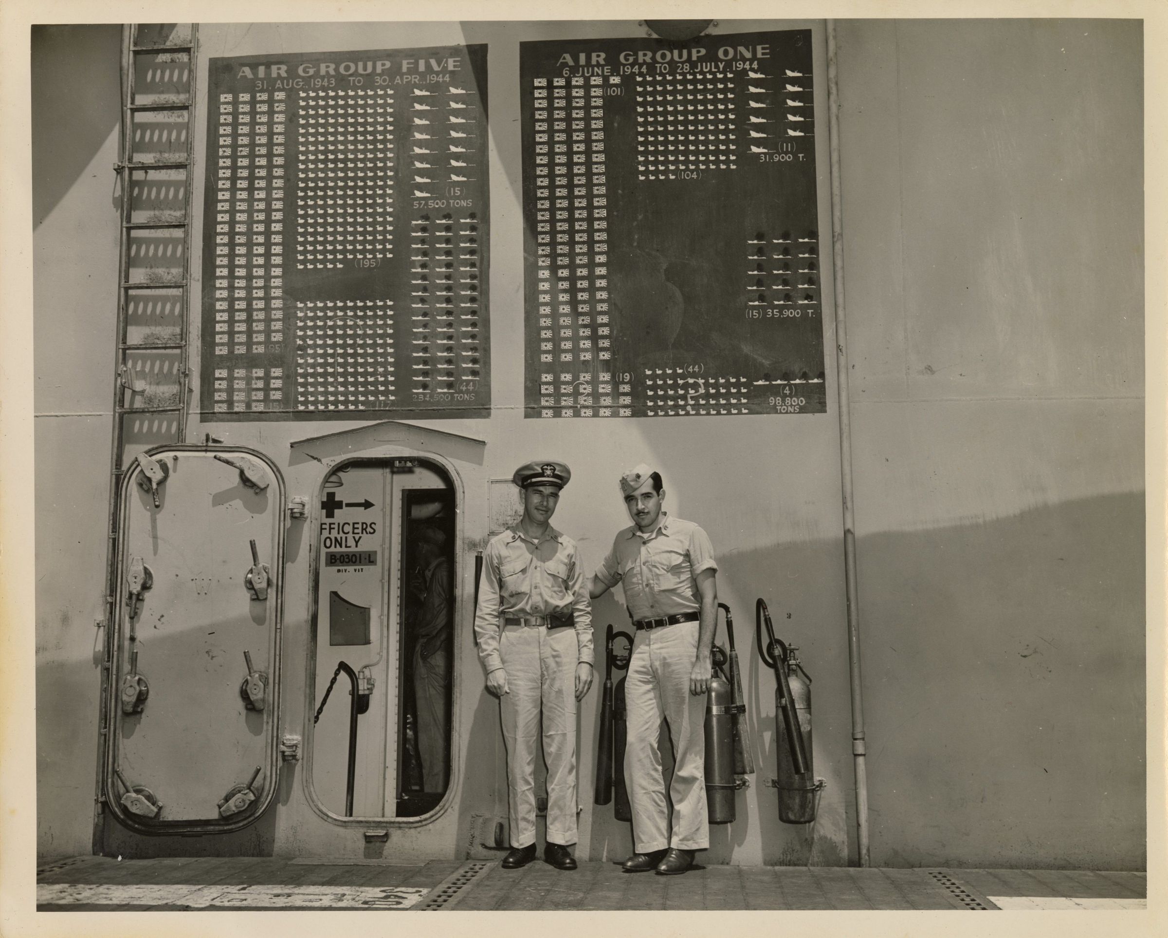 Primary Image of Stephen D. Fitch and Richard L. Montfort in Front of USS Yorktown Score Boards