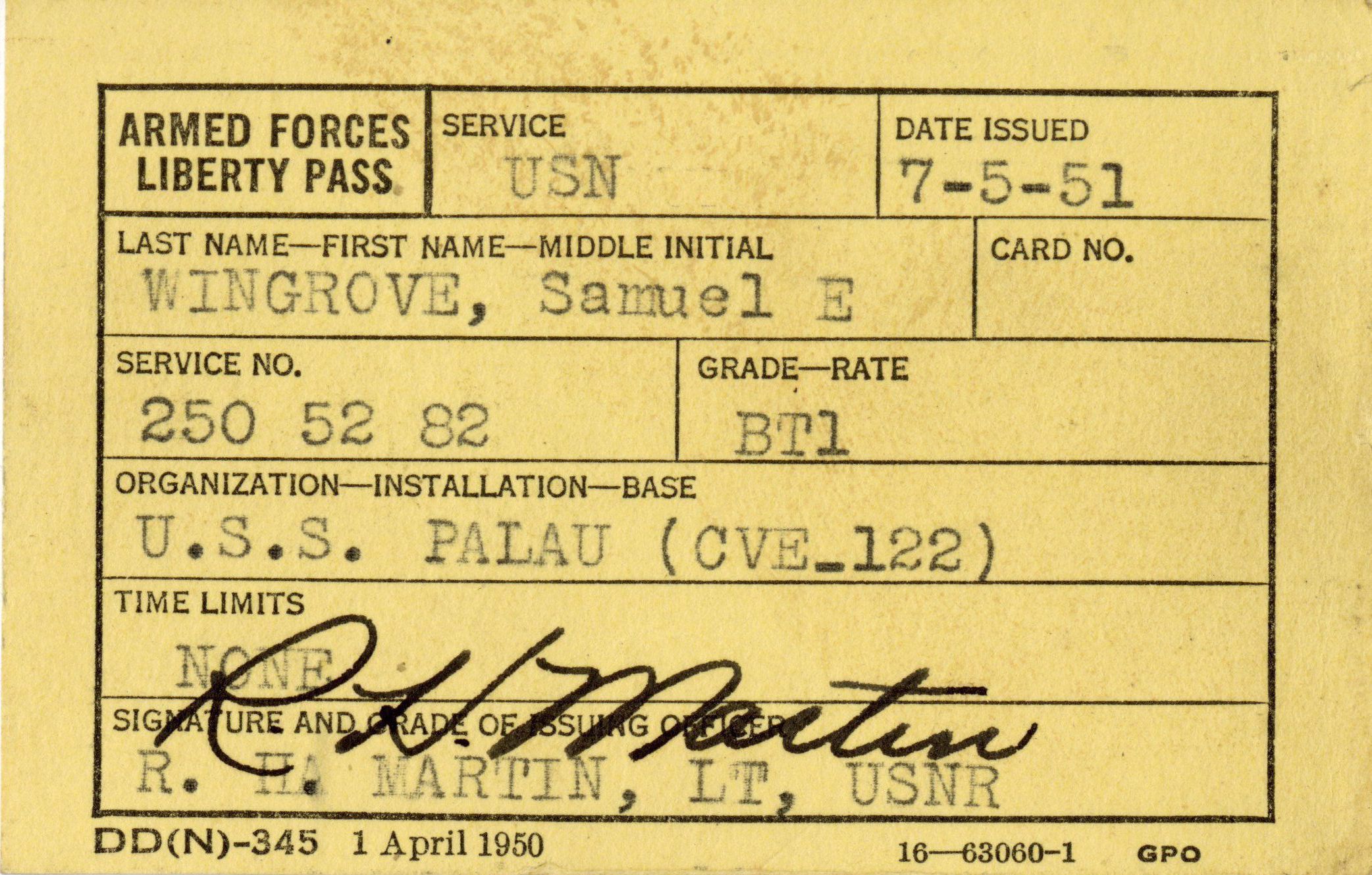 Primary Image of 1951 Liberty Pass for Samuel Wingrove