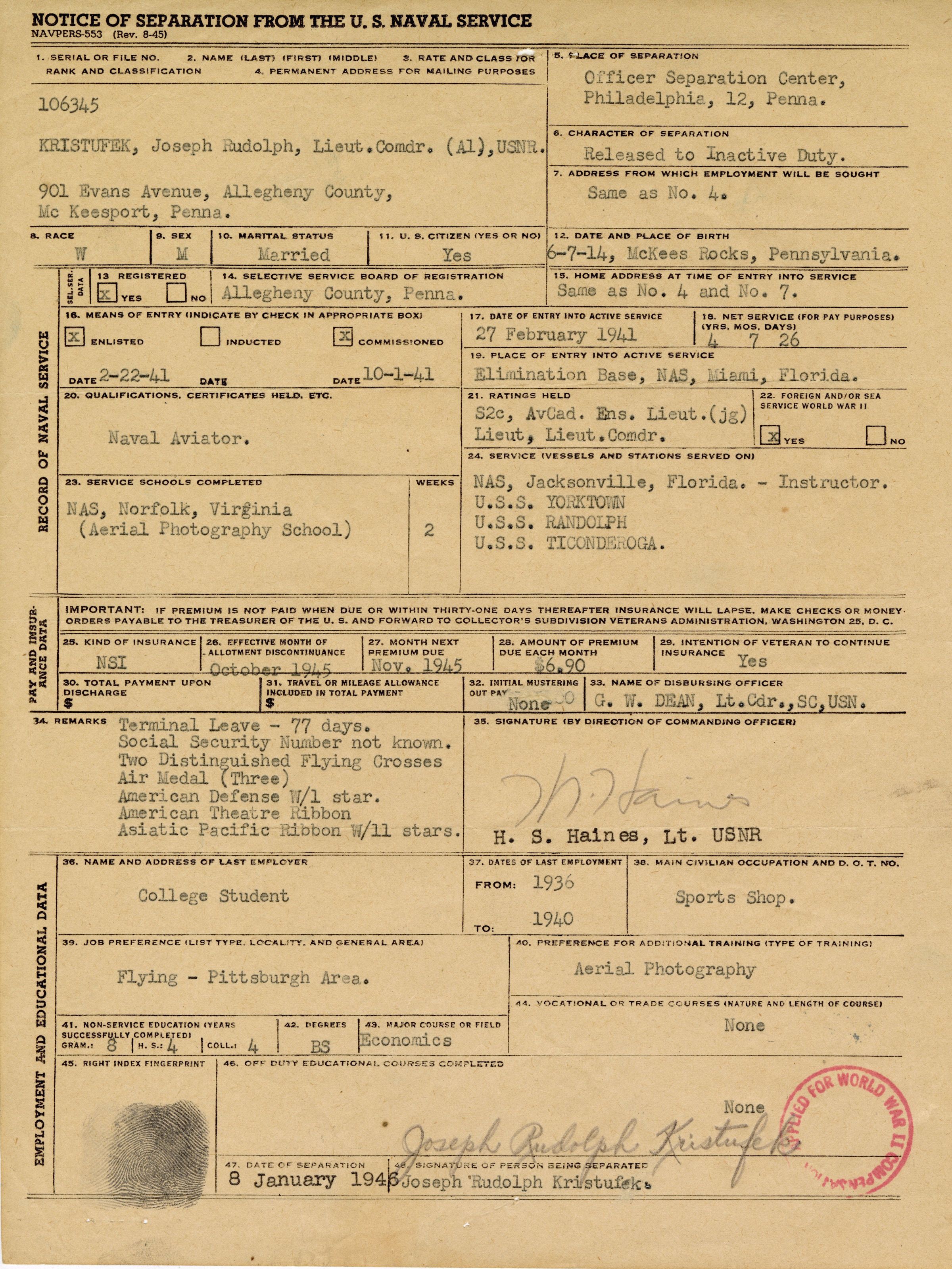 Primary Image of Notice of Separation for Joseph Kristufek