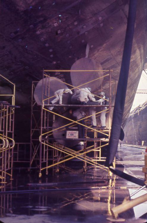 Primary Image of The USS Yorktown (CVS-10) Undergoing Propellor Repairs While in Drydock