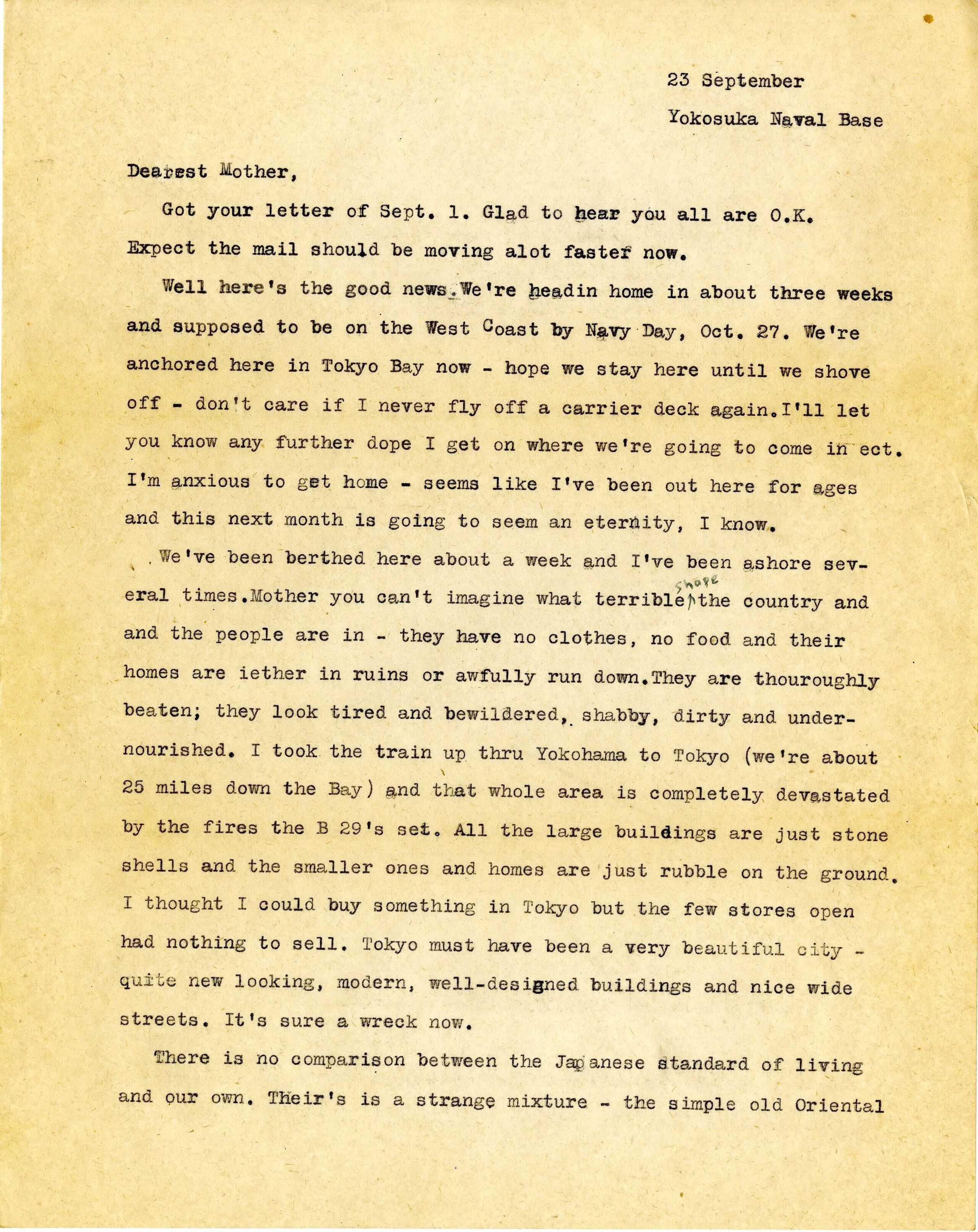 Primary Image of Letter from Lt. Gerald Hennesy to His Mother Dated September 23, 1945