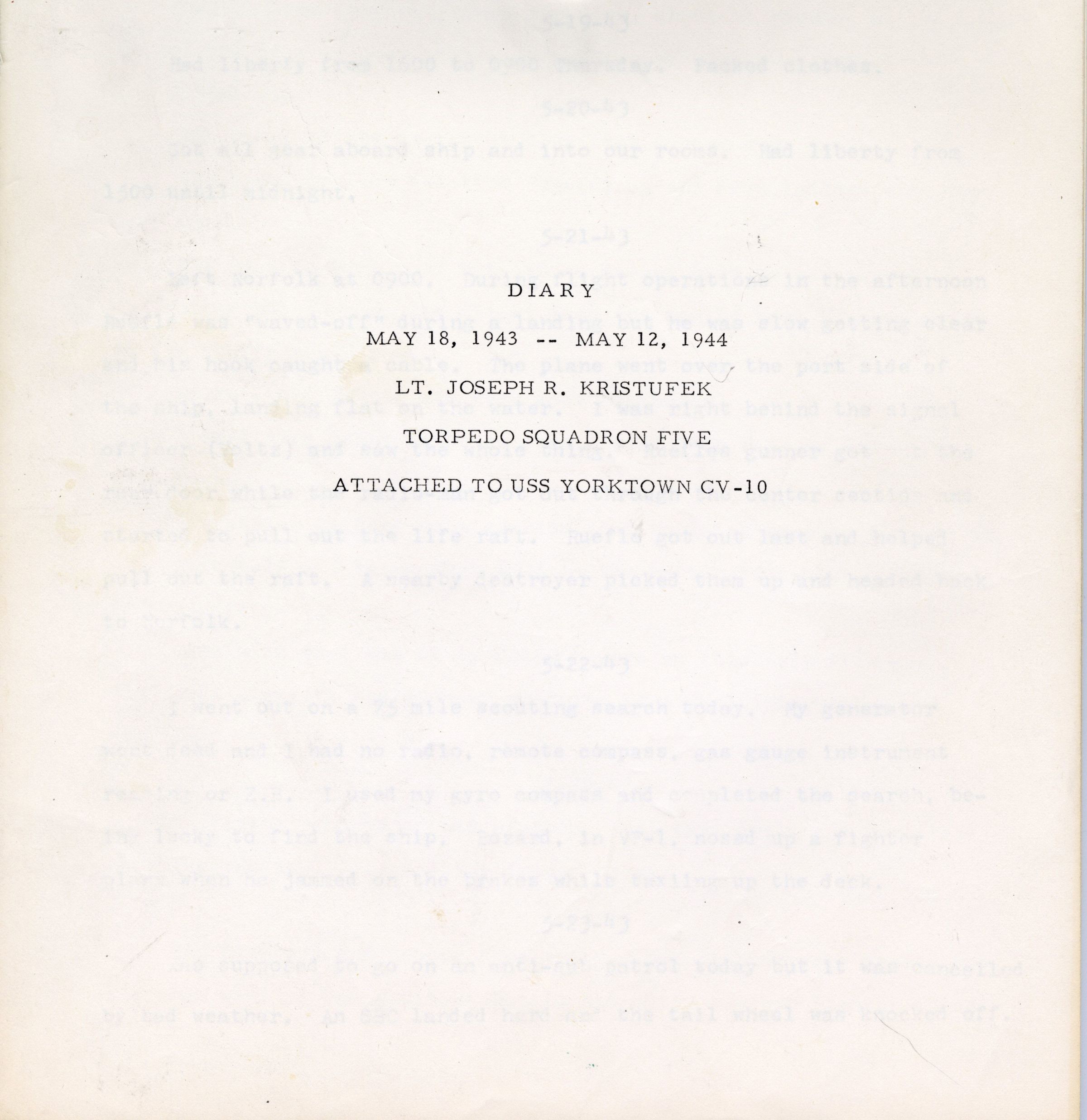 Primary Image of Shipboard Diary of Joseph Kristufek While Aboard the USS Yorktown (CV-10) and an Accompanying Summary of Air Group Five's Accomplishments