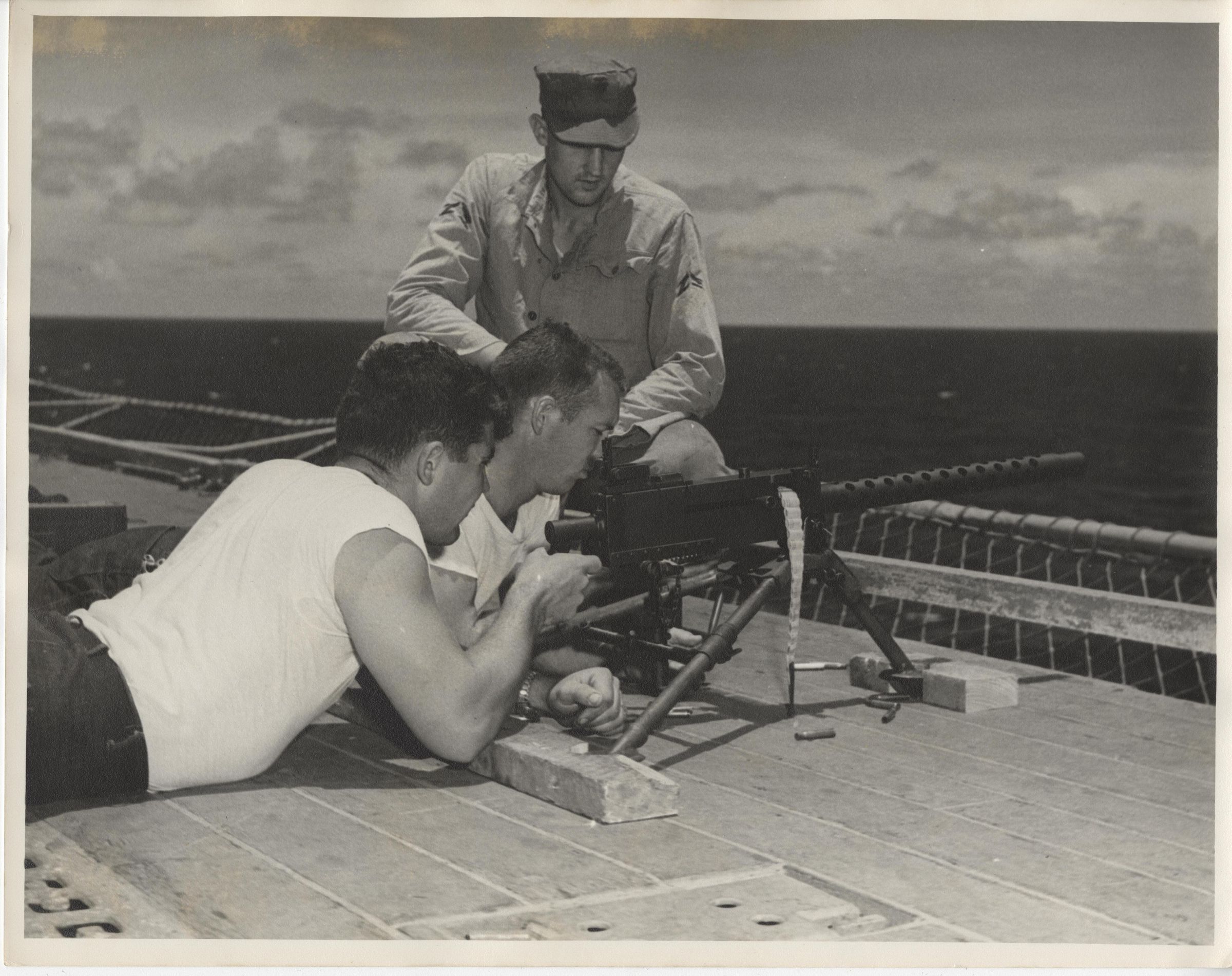 Primary Image of Marines Practicing with a Browning Automatic Rifle on the Flight Deck