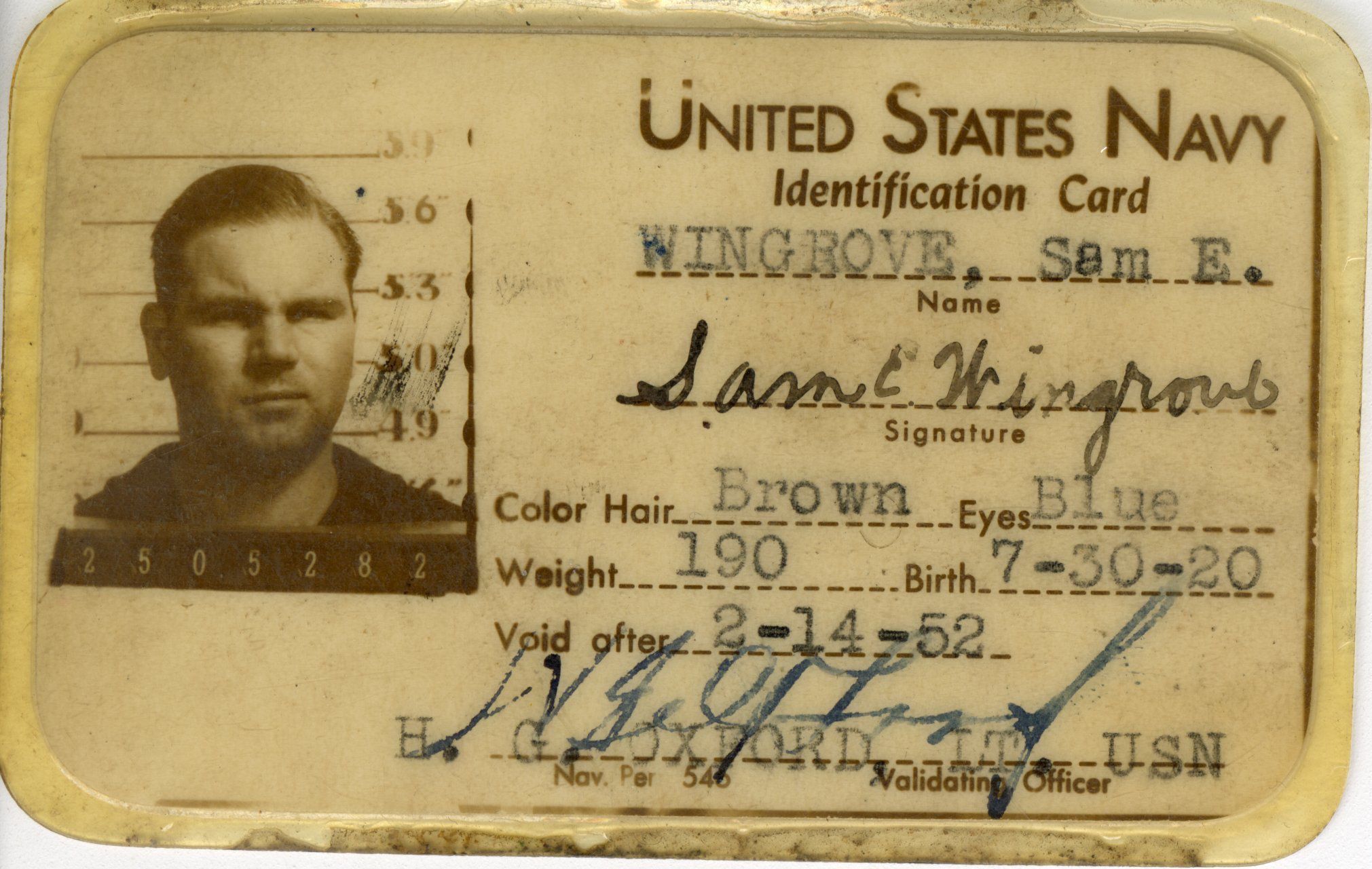 Primary Image of United States Navy Identification Card for Samuel Wingrove