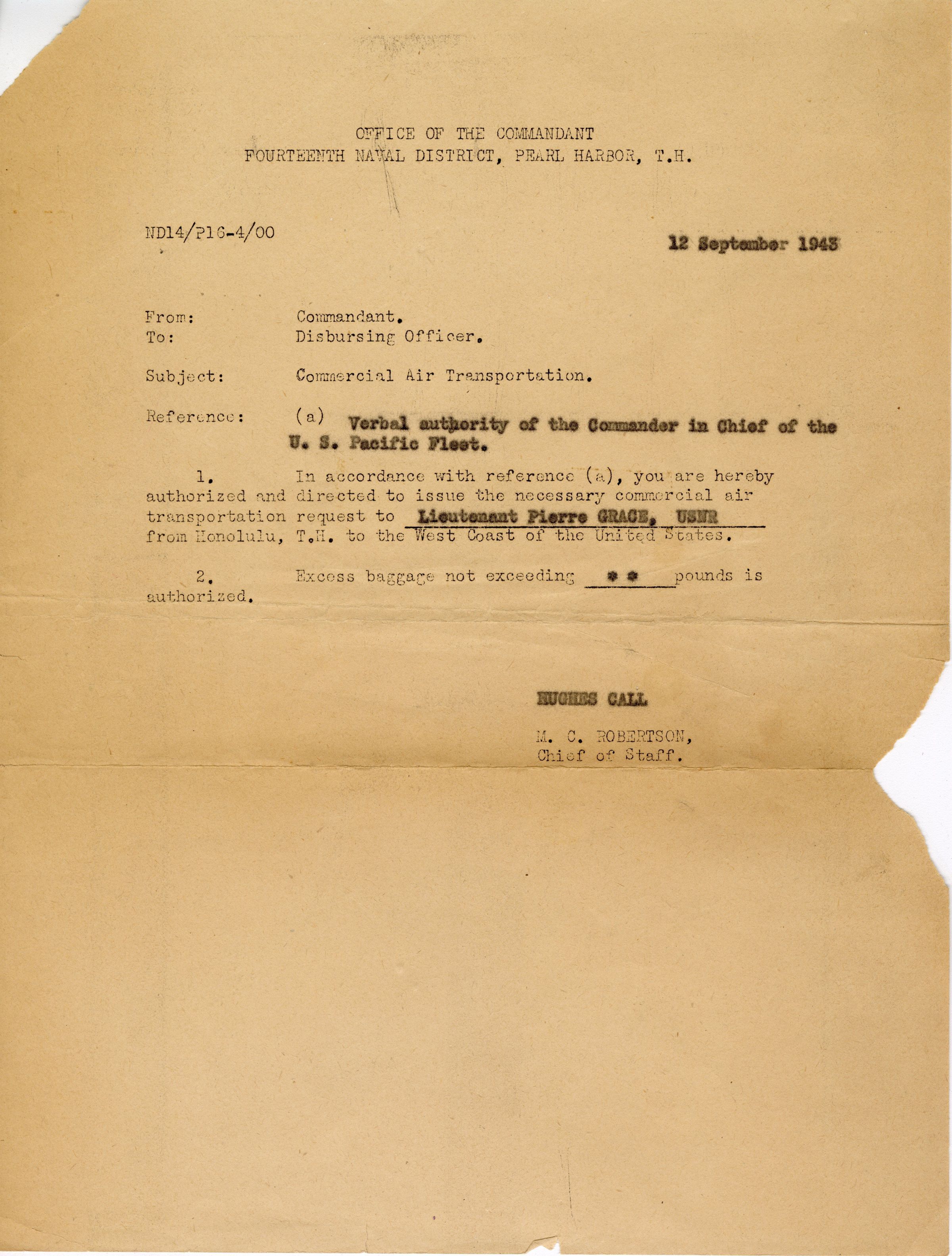 Primary Image of The Letter Authorizing Pierre Grace to Obtain Civilian Transportation from Hawaii to the United States