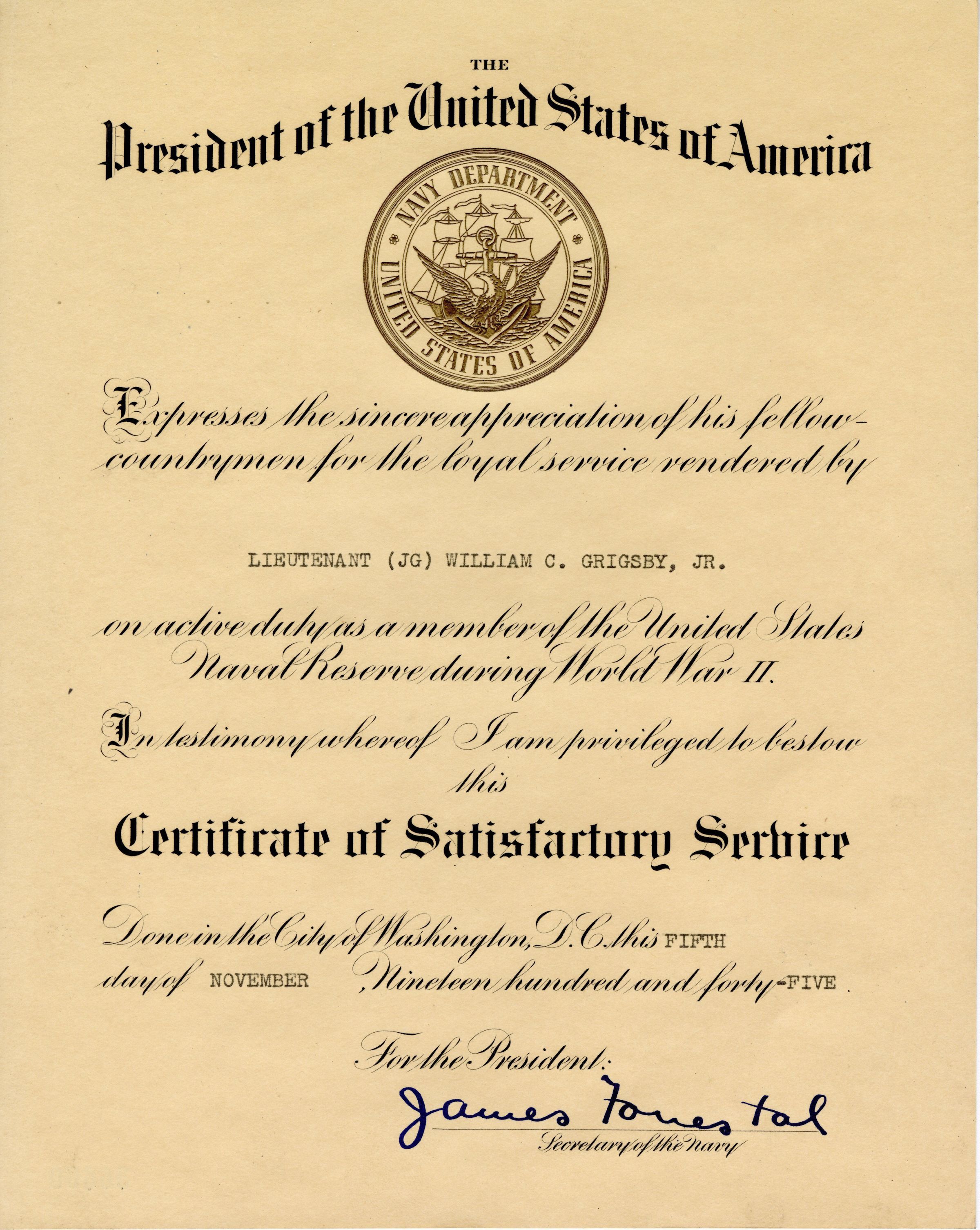 Primary Image of Certificate of Satisfactory Service Belonging to Lt. William Grigsby, Jr.