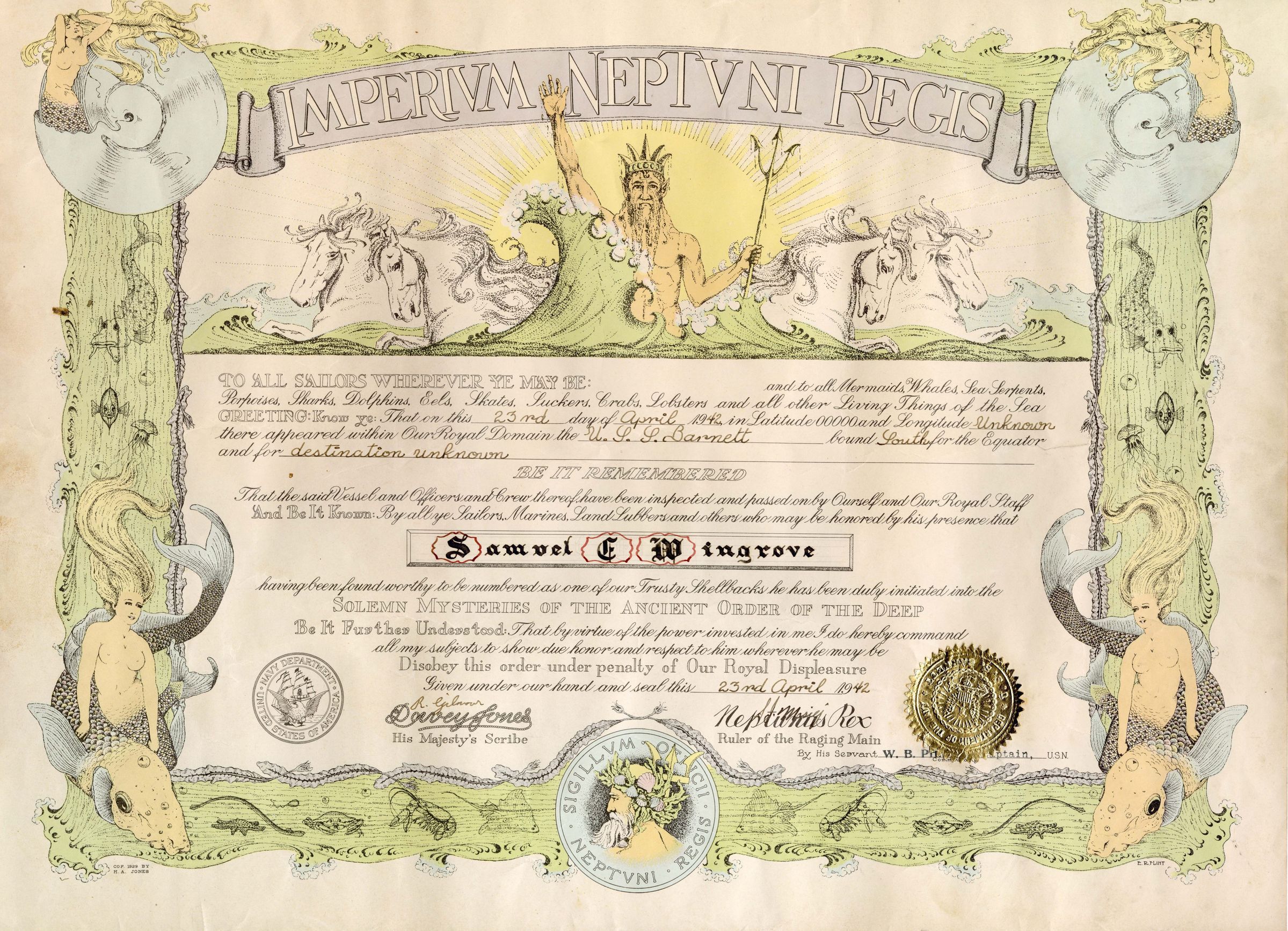 Primary Image of The Order of the Deep Certificate for Samuel Wingrove