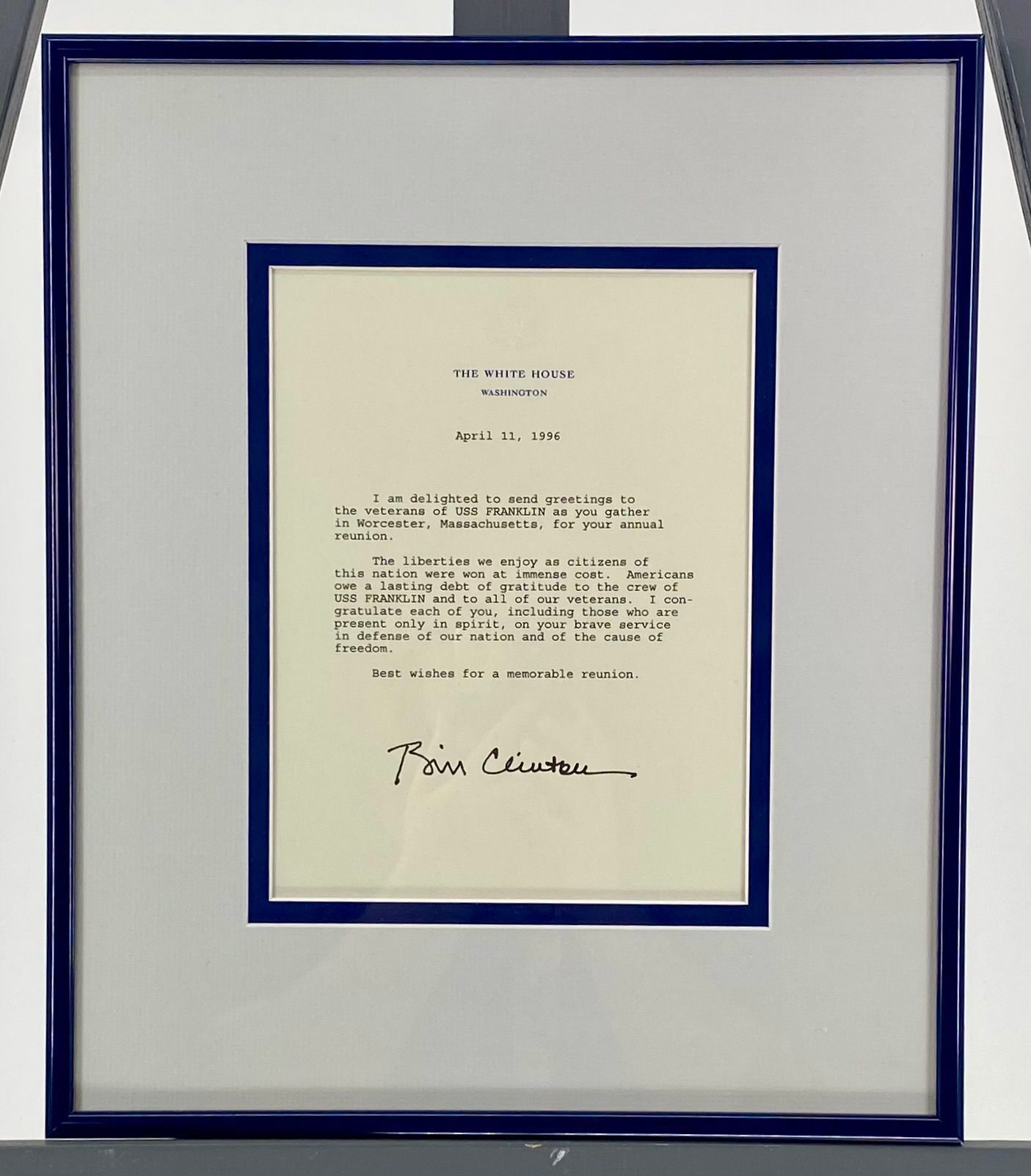 Primary Image of President Bill Clinton's Letter to USS Franklin (CV-13) Veterans