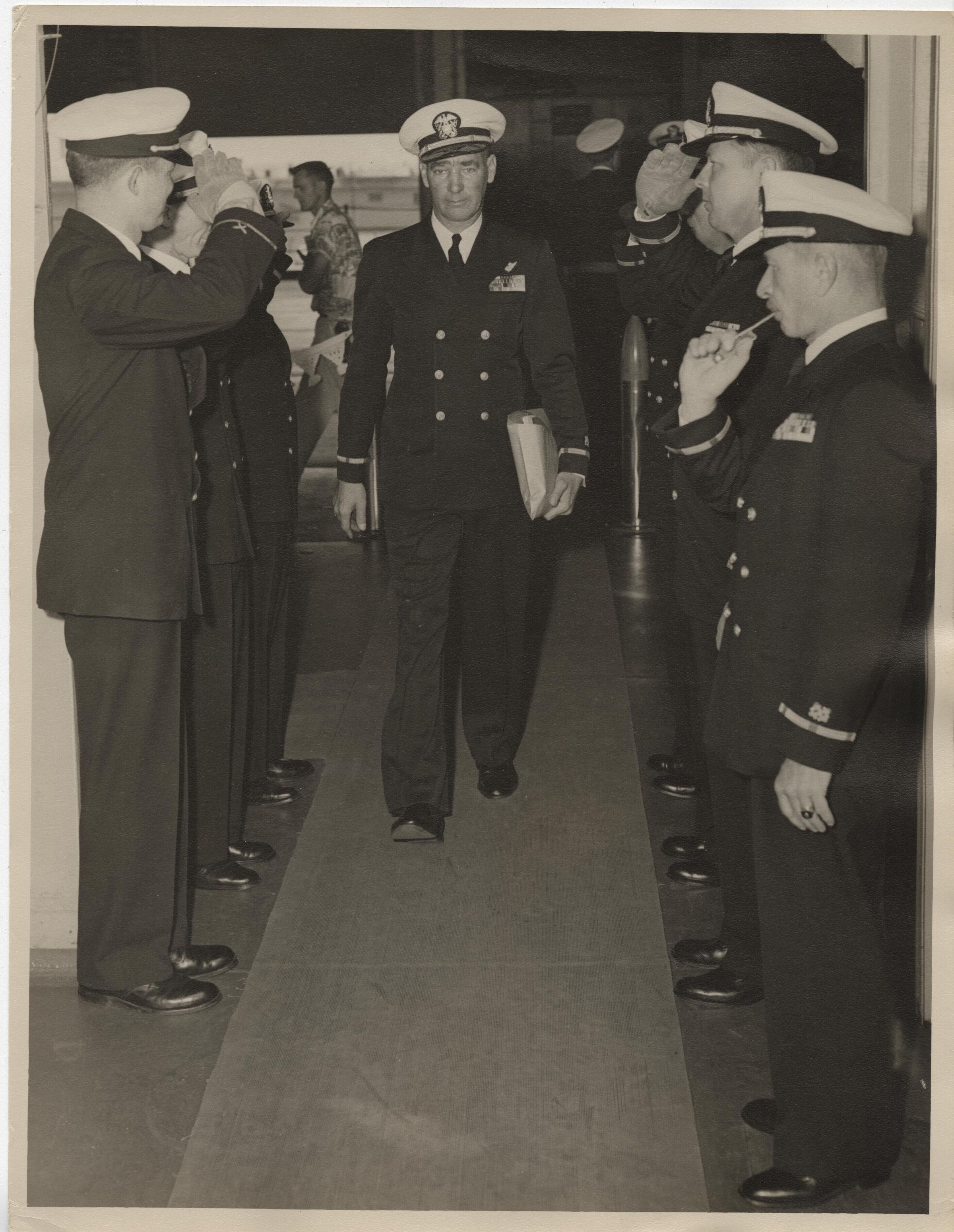 Primary Image of Chief Boatswain George A. Lentz Coming Onboard the USS Yorktown (CVA-10)