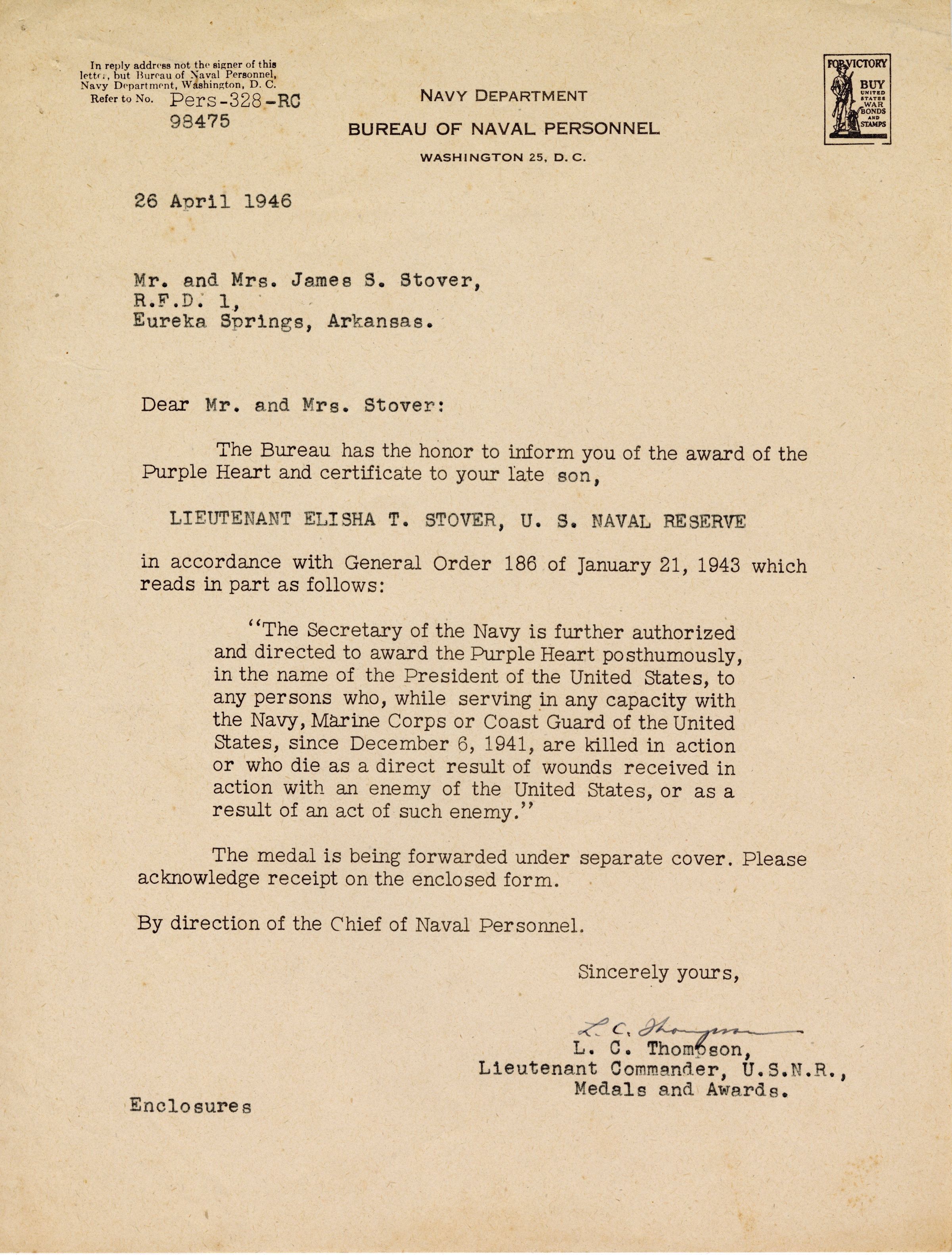 Primary Image of Letter from the Bureau of Naval Personnel Announcing that Elisha 