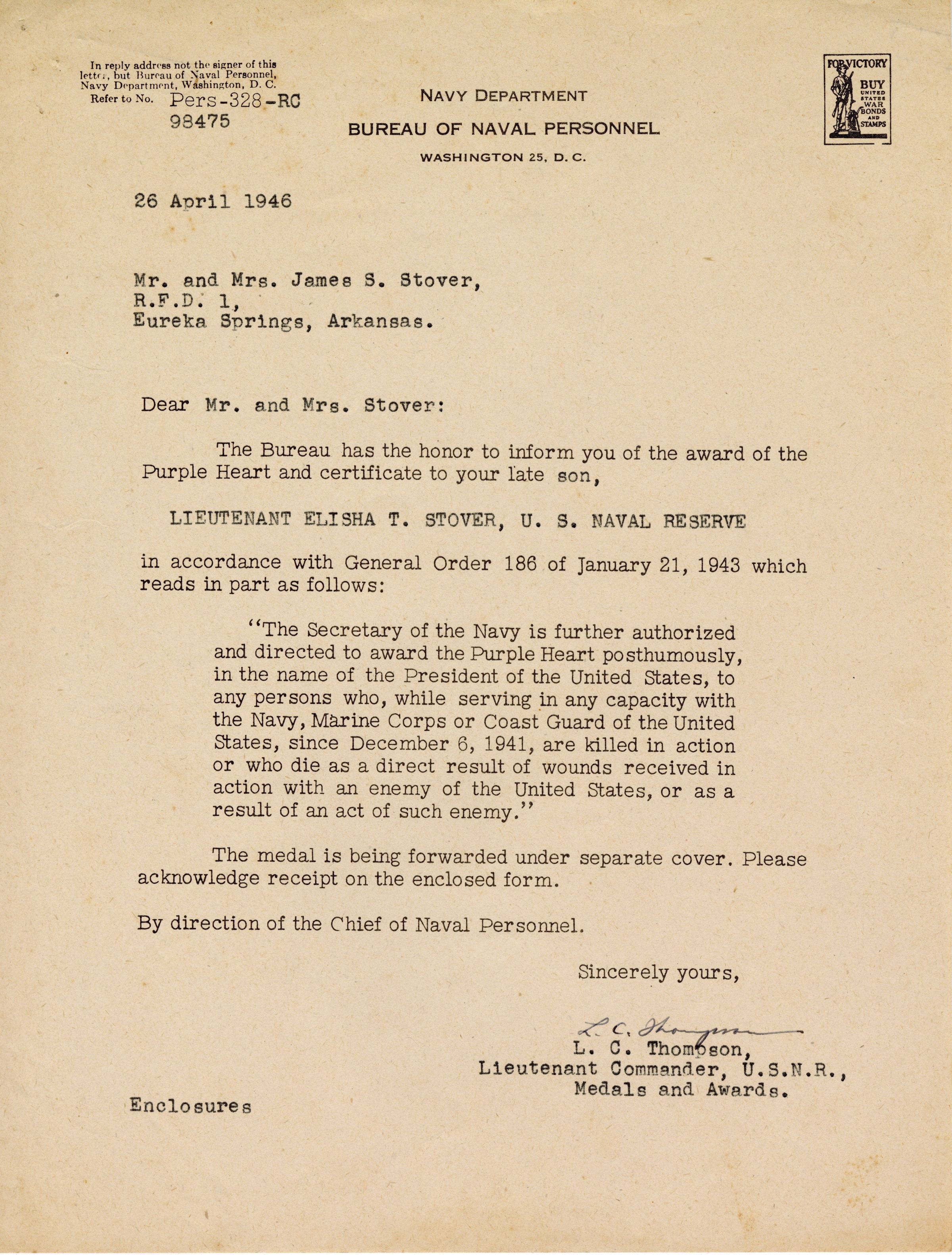 Primary Image of Purple Heart Award Letter to Parents of Elisha