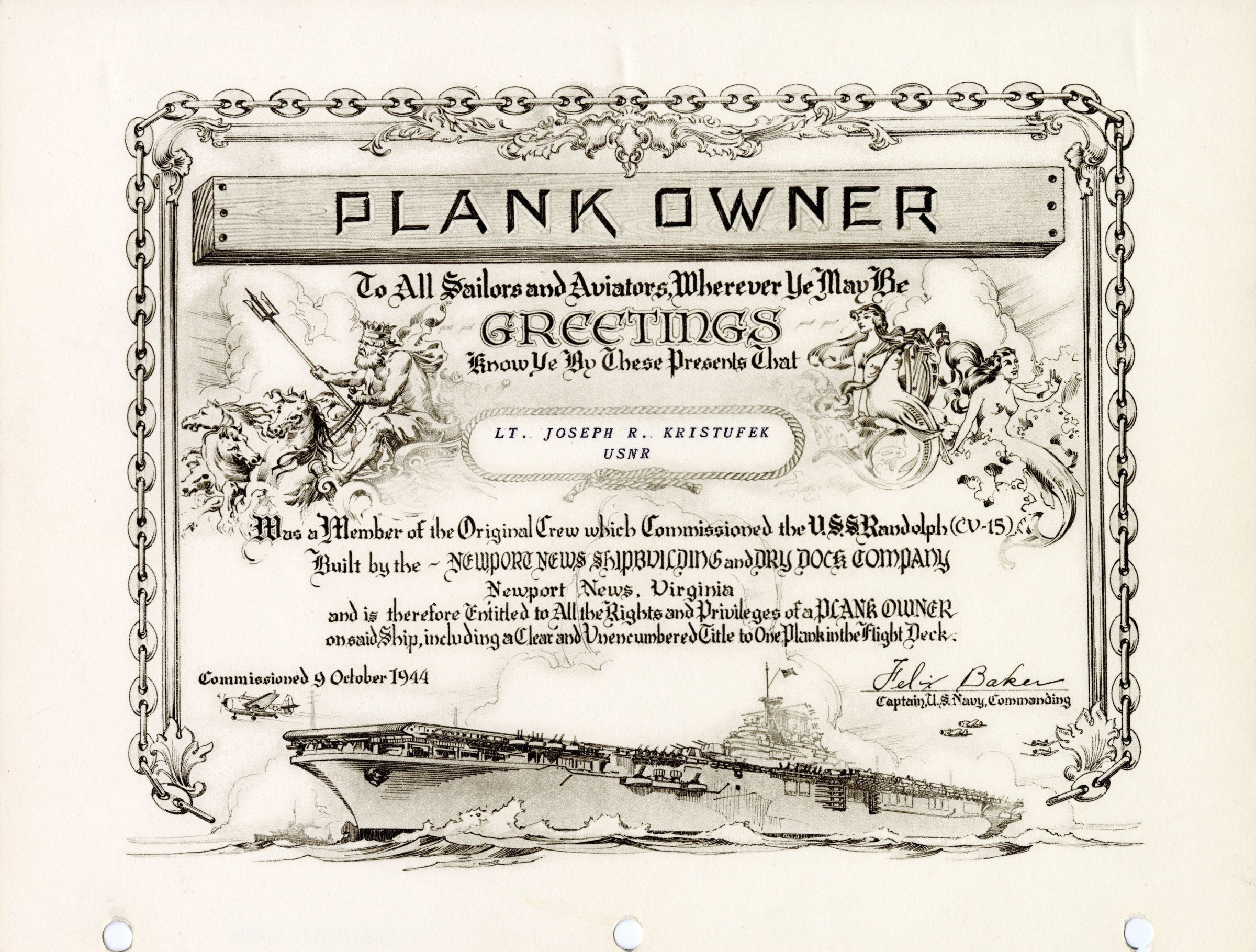 Primary Image of Joseph Kristufek's Plank Certificate for the USS Randolph (CV-15)