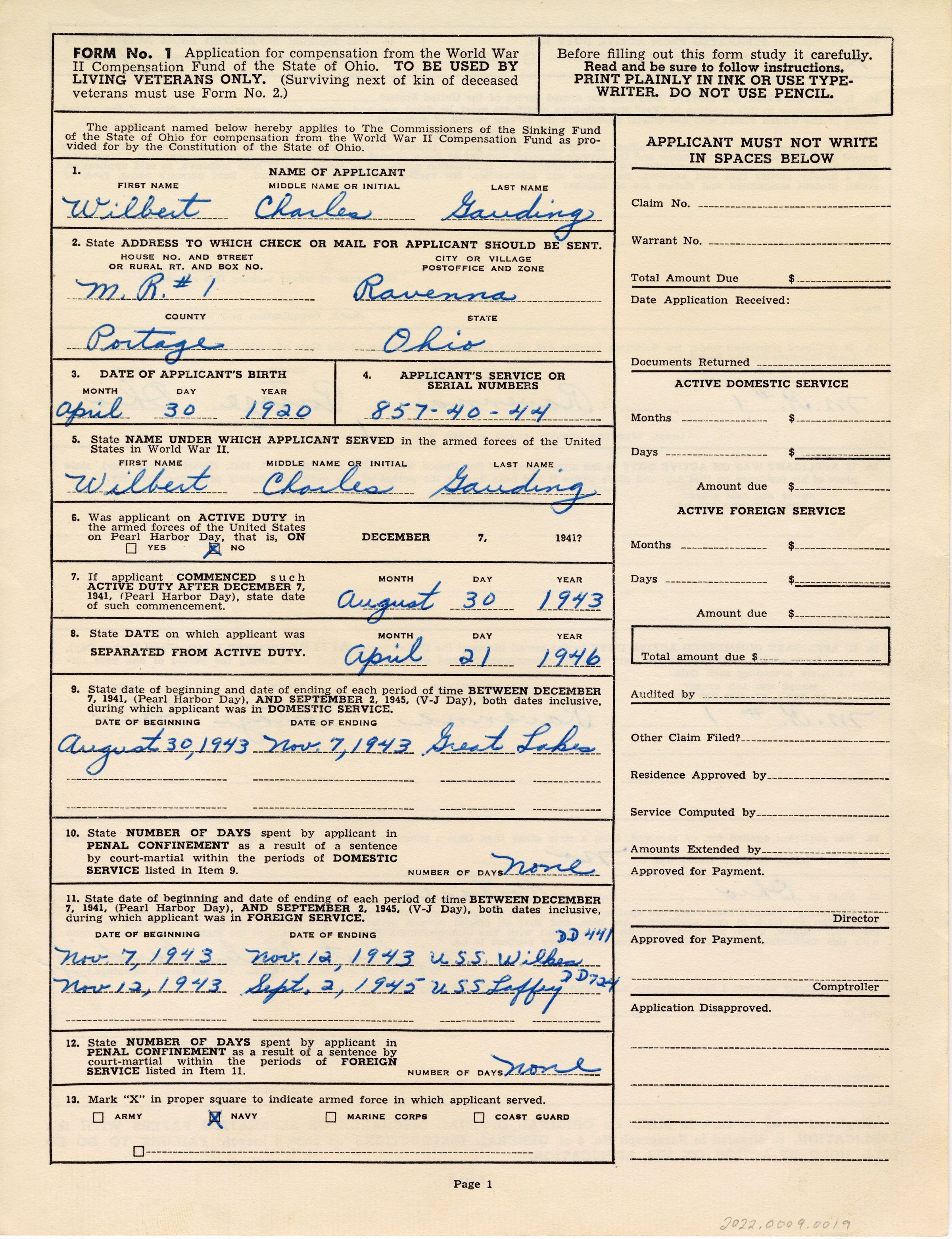 Primary Image of World War II Compensation Fund of the State of Ohio Application