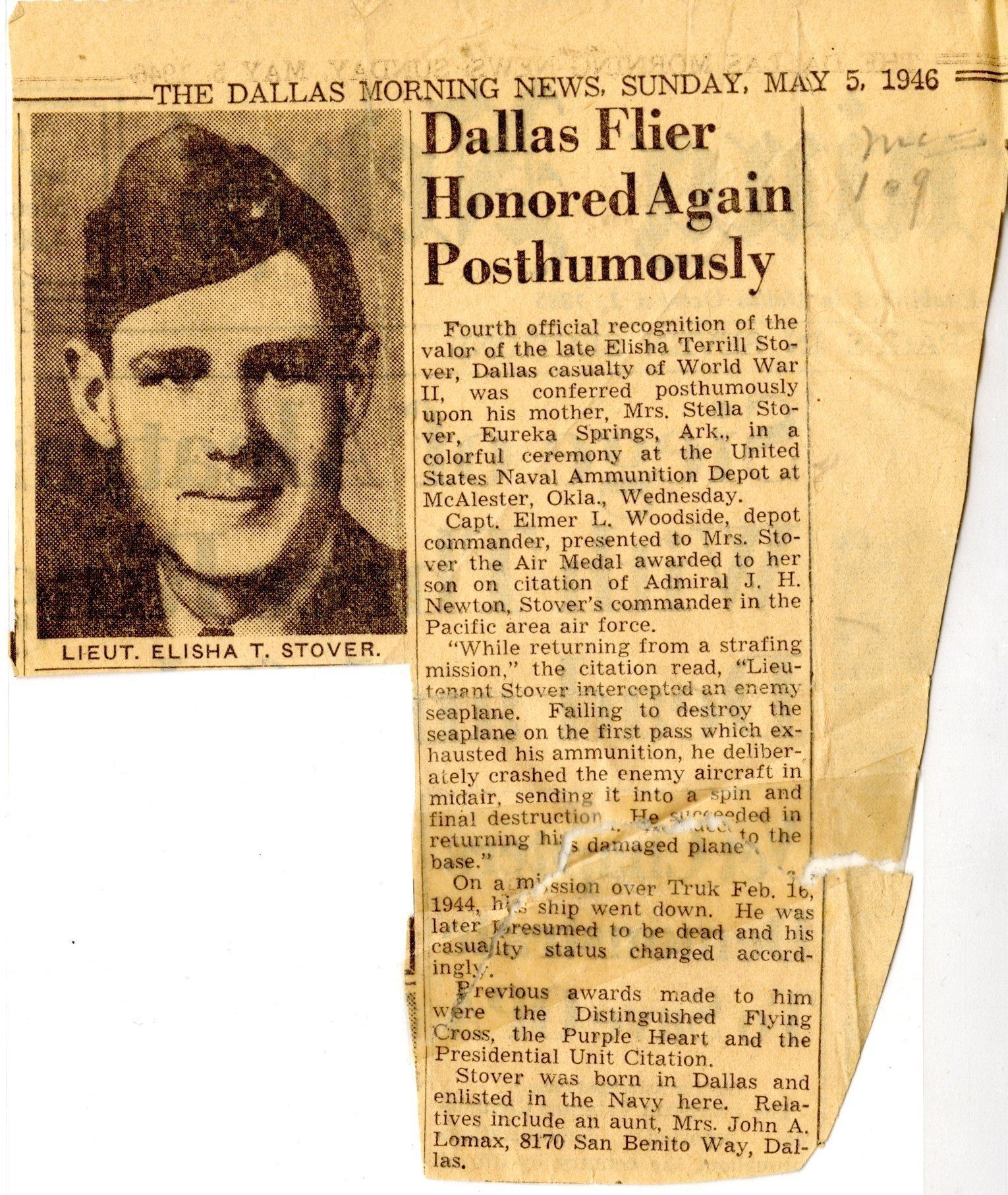 Primary Image of Newspaper Article About Stover's Posthumous Honor
