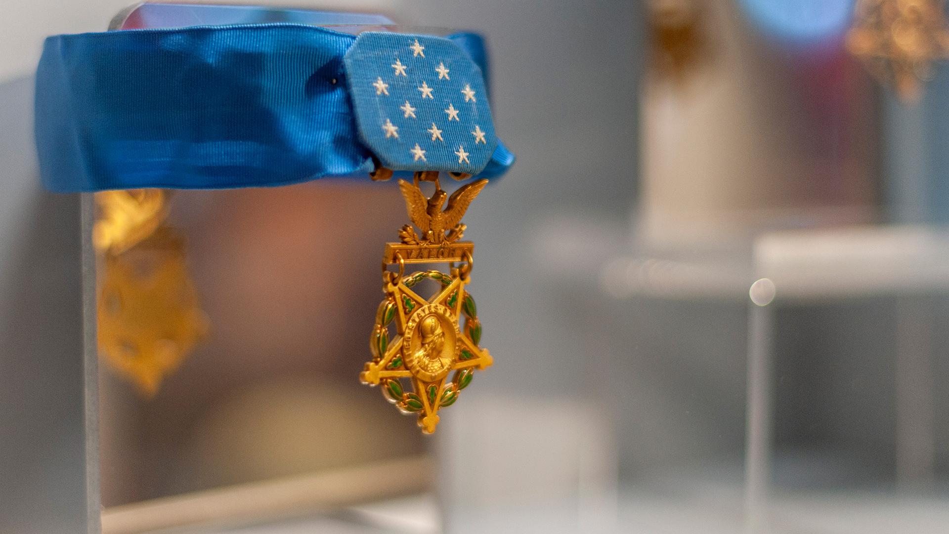 A medal on display in the Medal of Honor Museum