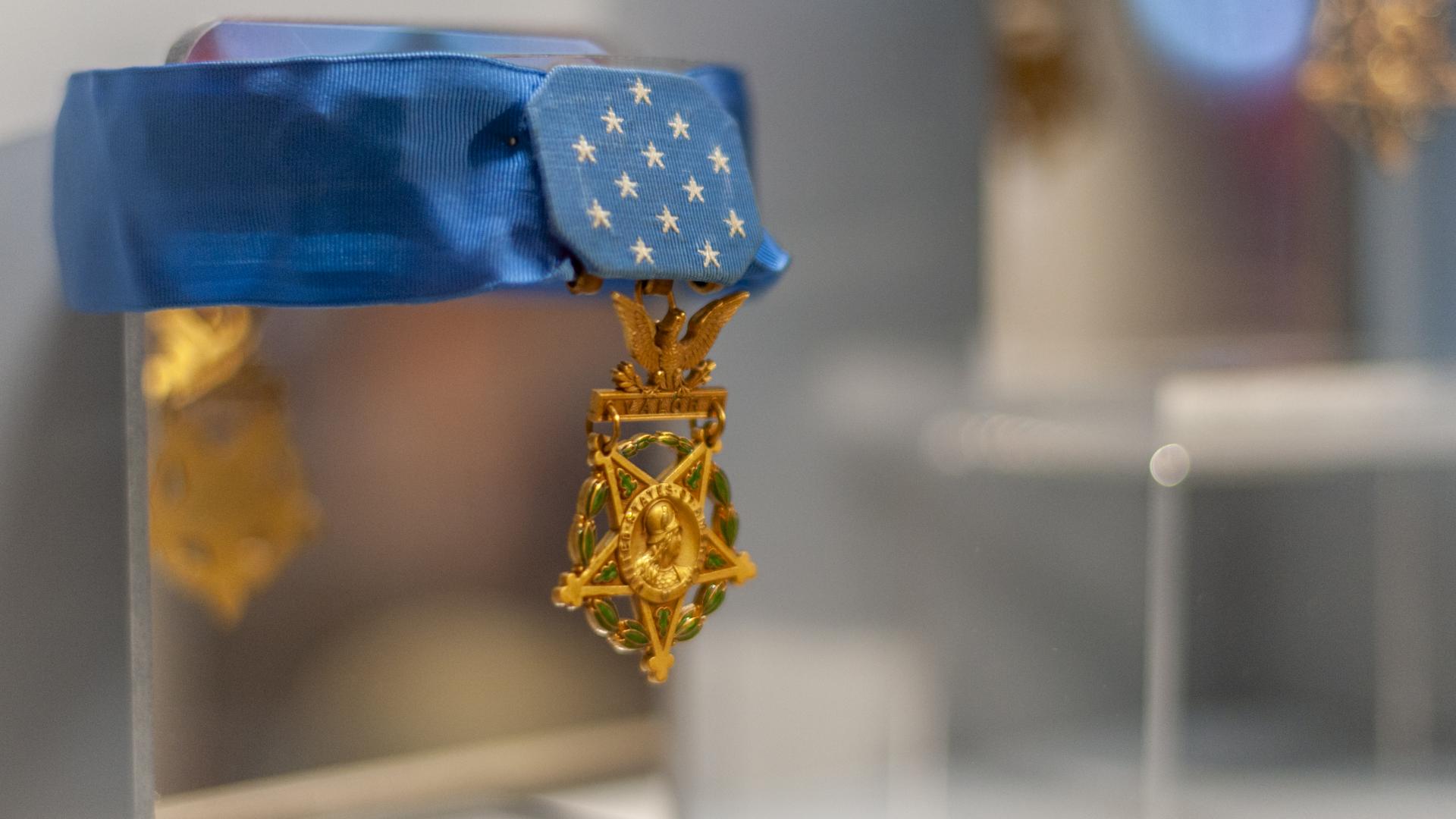 A Medal of Honor sits in a display case at the Medal of Honor Museum at Patriots Point.