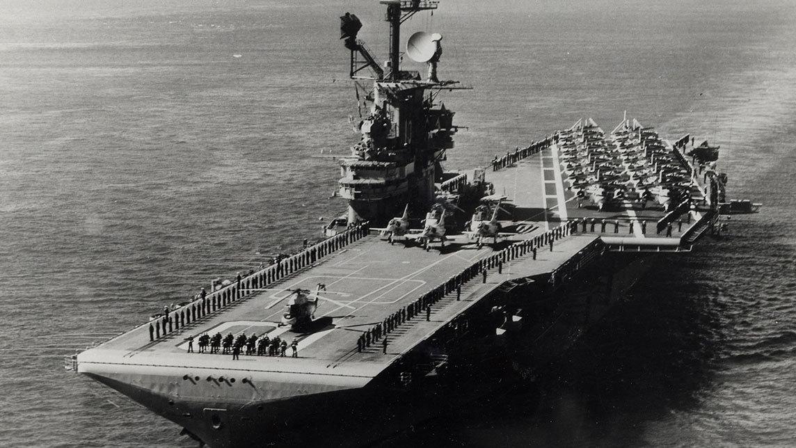 black and white photo of the USS Yorktown on open seas