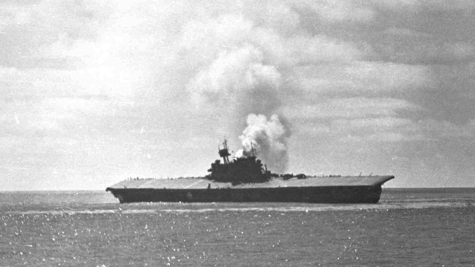 Black and white photo of the CV-5 at Midway 1 sinking