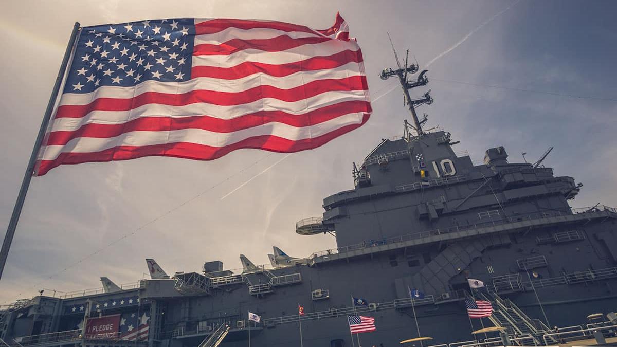 Flag waving in front of Patriots Point