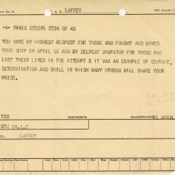 Alternative Image of Message from Commander Task Unit 53.1.2 to the USS Laffey (DD-724) Dated April 21, 1945