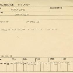 Primary Image of Message from the USS Barton (DD-722) to the USS Laffey (DD-724) Dated April 17, 1945