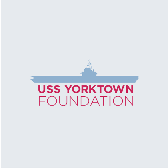 image of a blue ship silhouette and red text that reads USS YORKTOWN FOUNDATION