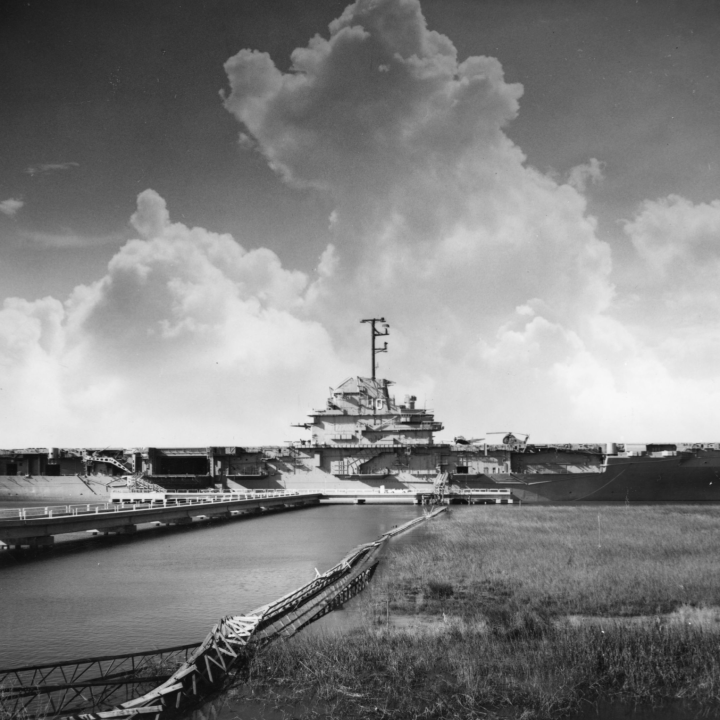 The USS Yorktown in her spot on the pier in the Charleston Harbor. 