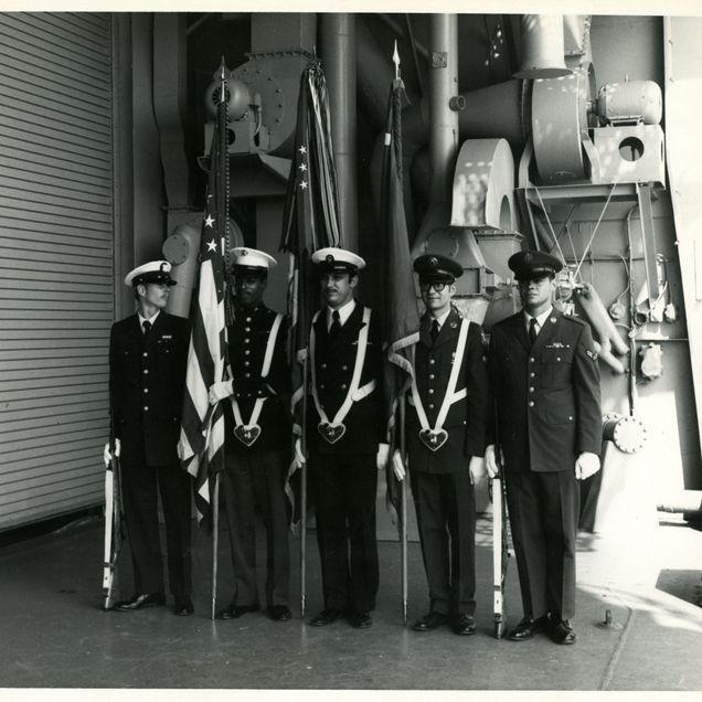 This photograph shows the color guard present for opening day ceremonies aboard the USS Yorktown, January 3, 1976.