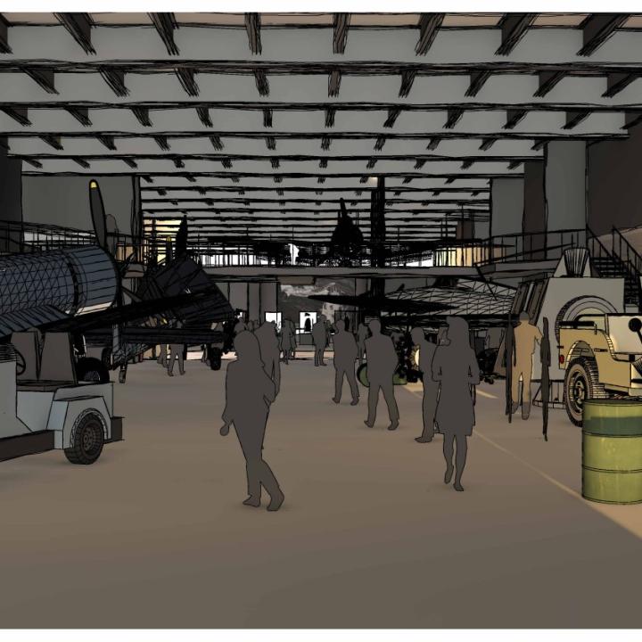 Generated image of the future of the hangar bay aboard the USS Yorktown at Patriots Point