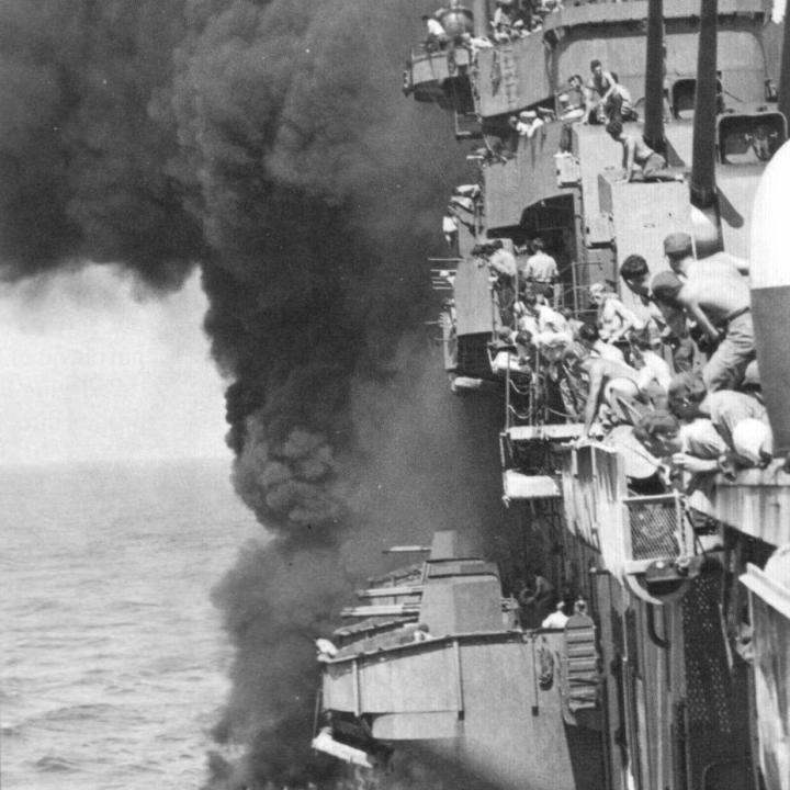 View of the USS Yorktown (CV-10) when it was hit by Japanese bomb at 1507, 18 March 1945 off Okinawa