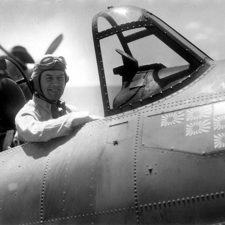 Primary Image of James H. Flatley Jr. in the Cockpit of his F4F-4 Wildcat