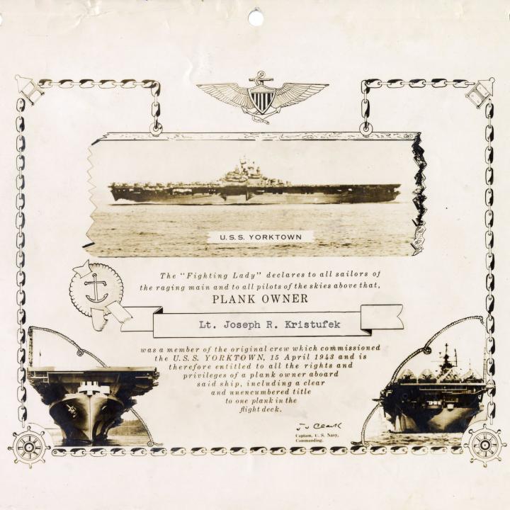 Primary Image of Joseph Kristufek's Plank Owner Certificate for the USS Yorktown (CV-10)