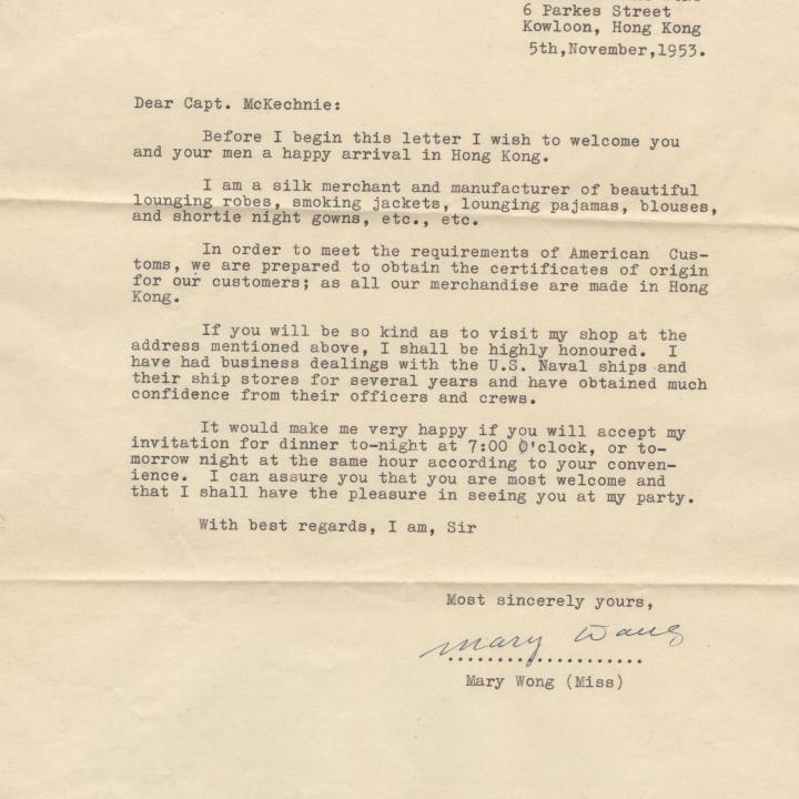 Primary Image of Letter From Mary Wong to Captain Arnold W. McKechnie Dated November 5, 1953