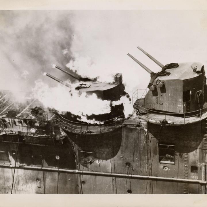 Primary Image of View of the USS Franklin (CV-13)'s Five-Inch Guns Following Attack