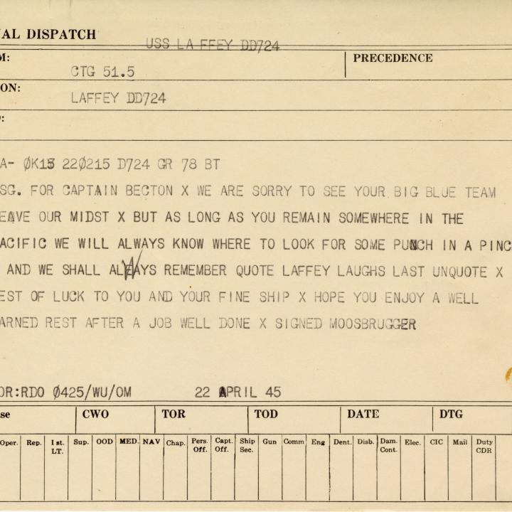 Primary Image of Message From Combat Task Group 51.5 to the USS Laffey (DD-724)