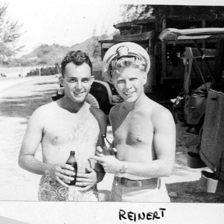 Primary Image of Two Members of VF-1 Squadron Drinking Beers While on Shore Leave