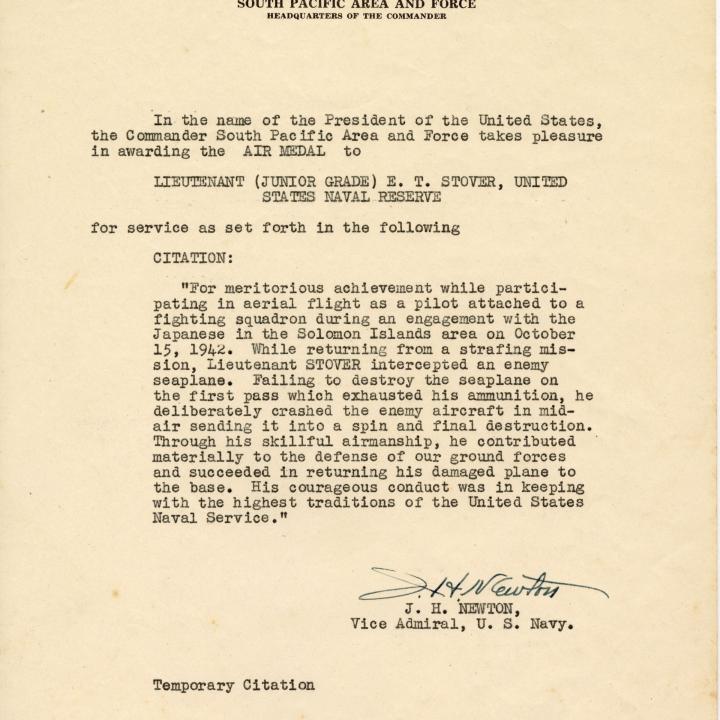 Primary Image of Air Medal and Temporary Citation Awarded to Elisha "Smokey" Stover Following Air Combat above the Solomon Islands on October 15, 1942