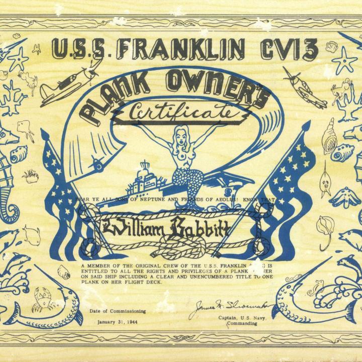 Primary Image of USS Franklin (CV-13) Plank Owner Certificate