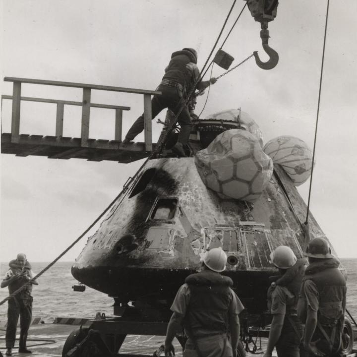 Primary Image of Yorktown Crewmen Work to Unhook The Apollo 8 Capsule