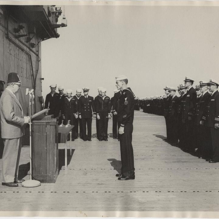 Primary Image of Award Ceremony Aboard the USS Yorktown (CVA-10)