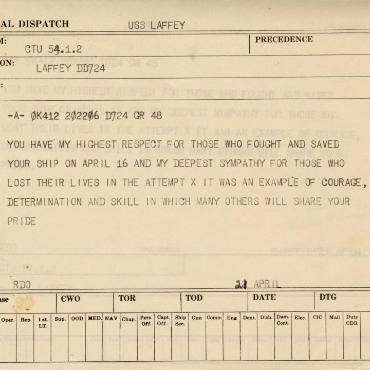 Primary Image of Message from Commander Task Unit 53.1.2 to the USS Laffey (DD-724) Dated April 21, 1945