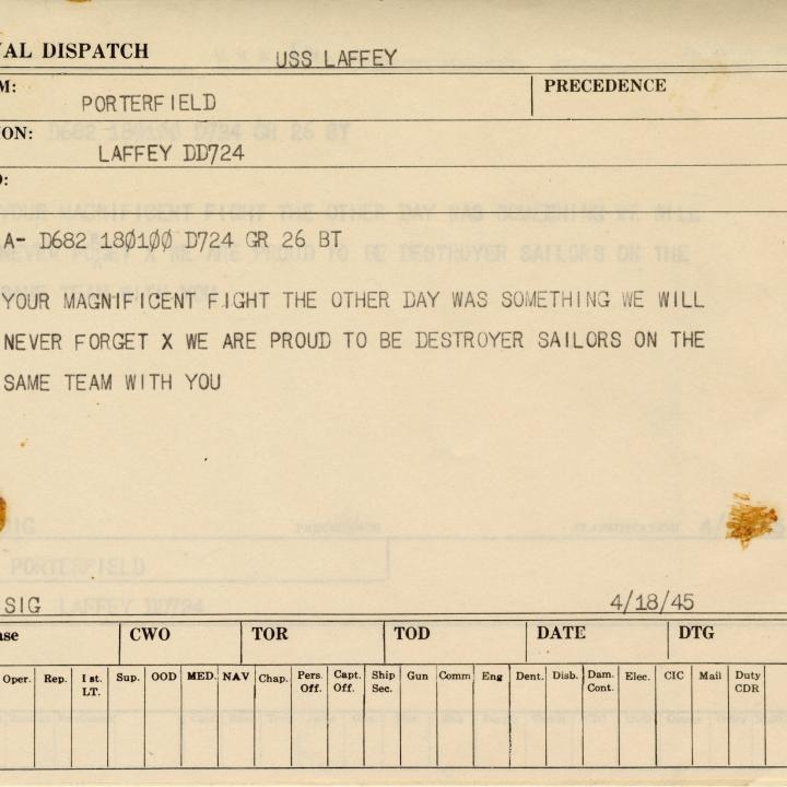 Primary Image of Message from the USS Porterfield (DD-682) to the USS Laffey (DD-724) Dated April 29, 1945