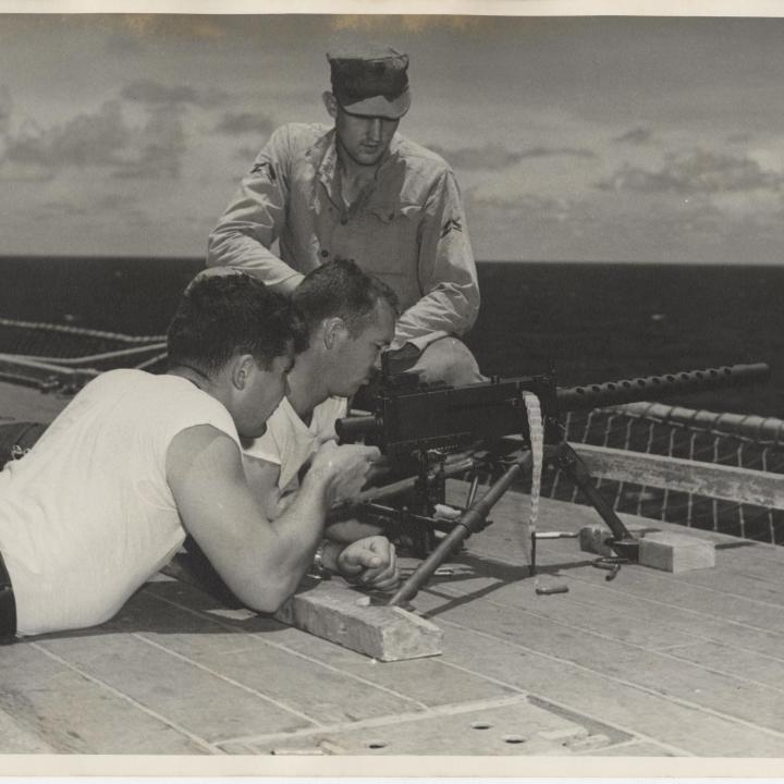 Primary Image of Marines Practicing with a Browning Automatic Rifle on the Flight Deck