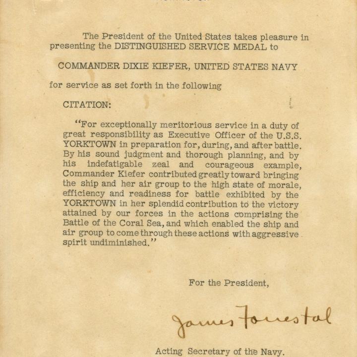 Primary Image of Distinguished Service Medal Citation for Dixie Kiefer