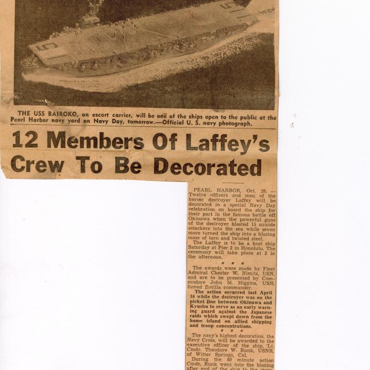 Primary Image of "12 Members of Laffey's Crew to be Decorated", Honolulu Star-Bulletin, October 26, 1945